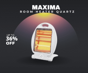 Front view of Maxima Room Heater MX-601 showing quartz heating rods glowing